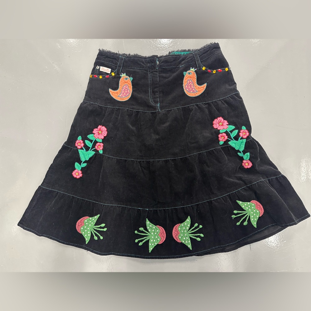 Miss Me Black Embroidered Corduroy Skirt with Floral & Bird Motifs